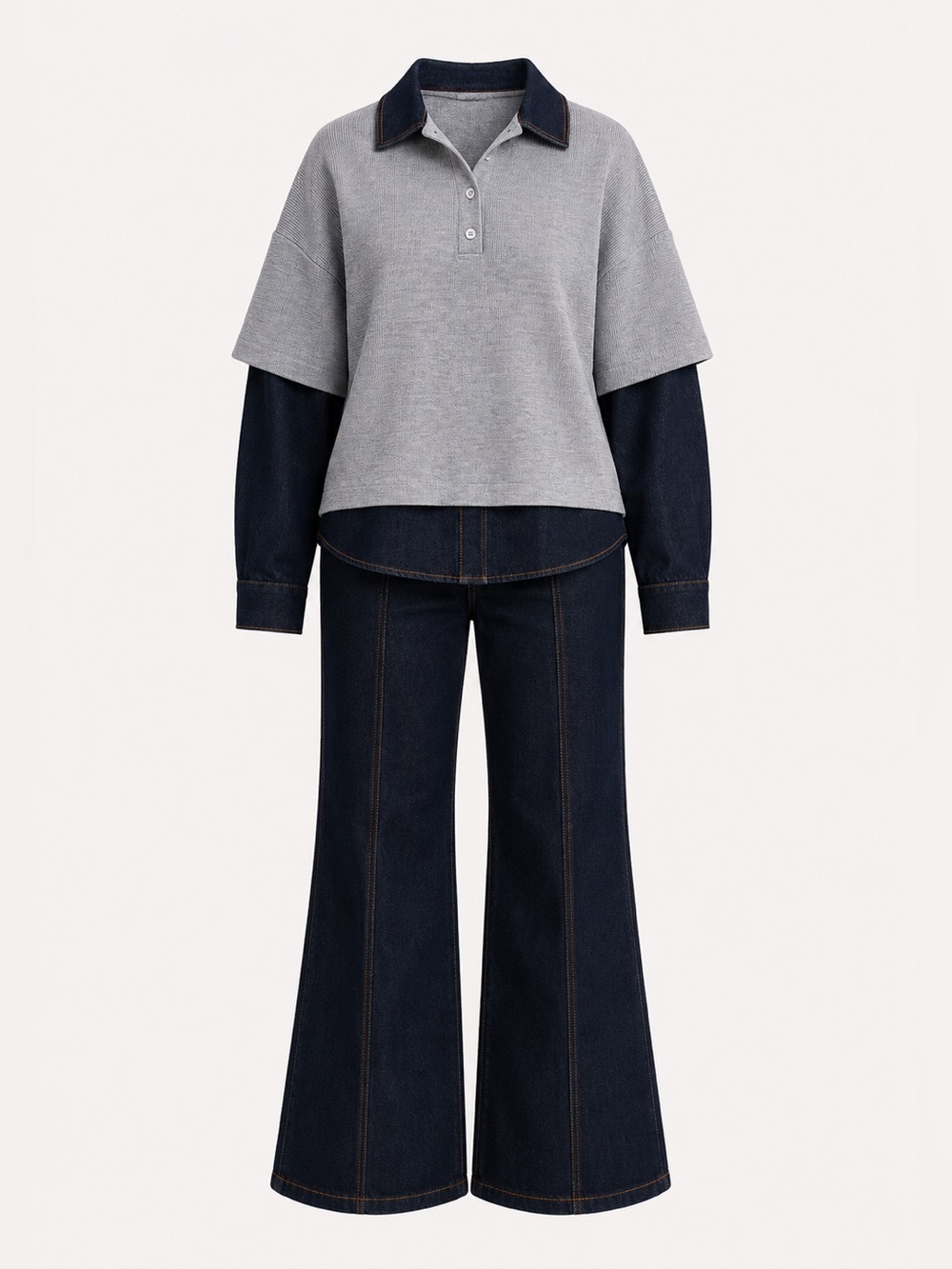 Clara Denim Contrast Trim Shirt And Wide Leg Pant Set - Dark
Denim